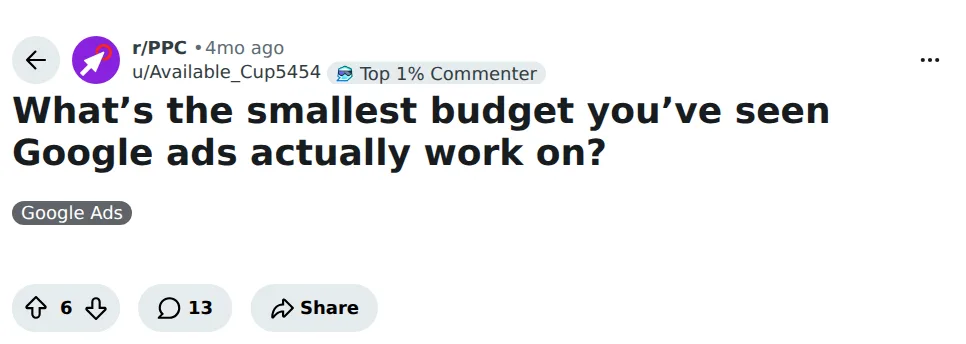 Reddit-bericht in r/PPC: wat is het kleinste budget waarmee Google Ads ooit werkte