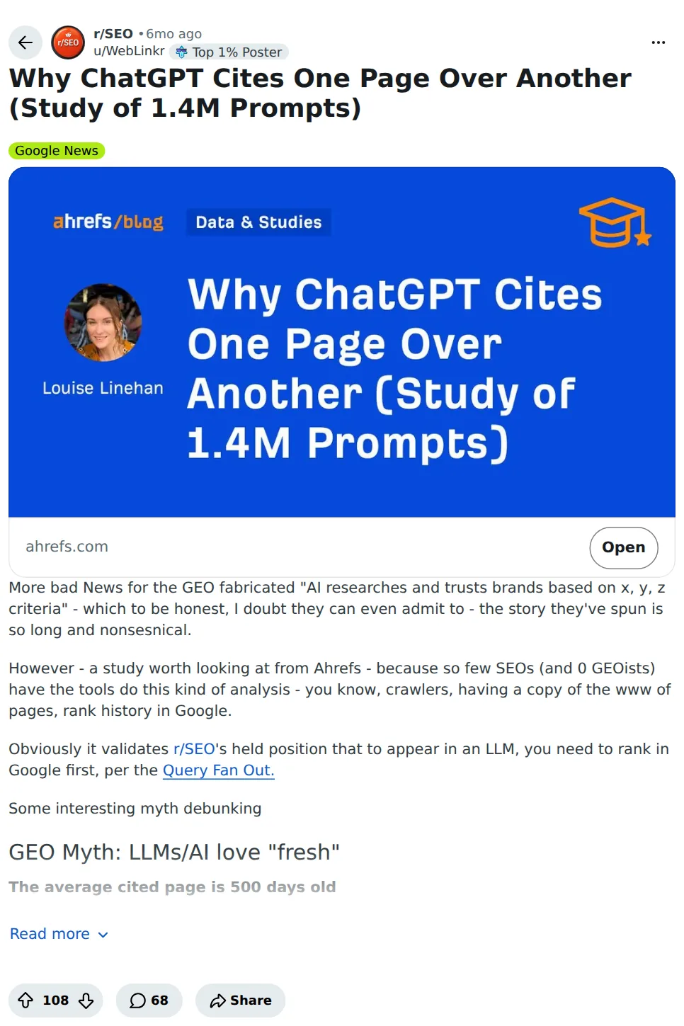Reddit-bericht in r/SEO over het Ahrefs-onderzoek naar 1,4 miljoen ChatGPT-vragen: de gemiddelde genoemde pagina is 500 dagen oud