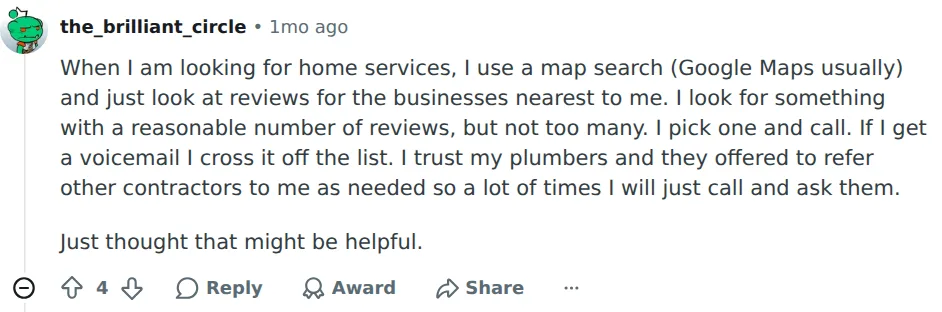 Reactie op Reddit: klant zoekt klusbedrijven via Google Maps en beoordelingen, niet via advertenties