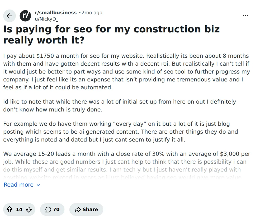 Reddit-bericht in r/smallbusiness: aannemer betaalt 1.750 dollar per maand voor SEO en vraagt of het de moeite waard is